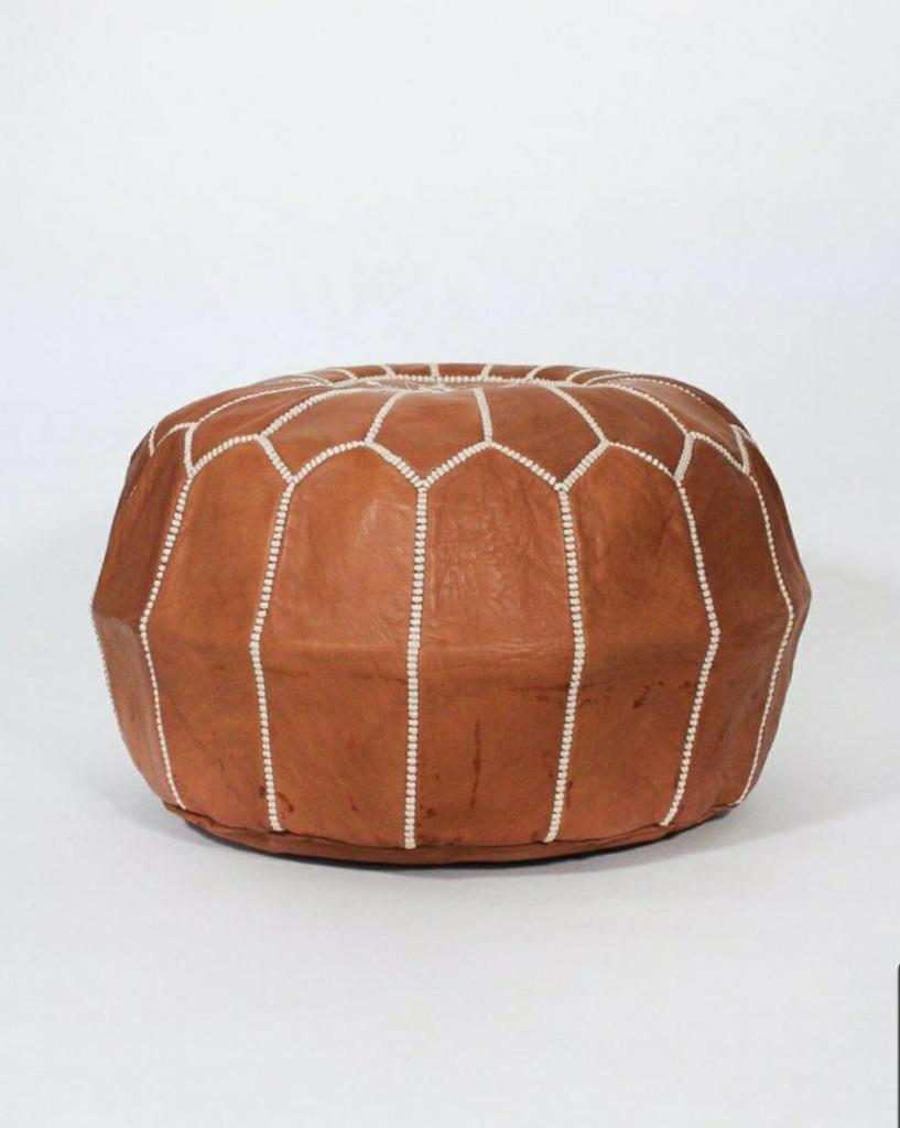 Ronde lederen poef cognac