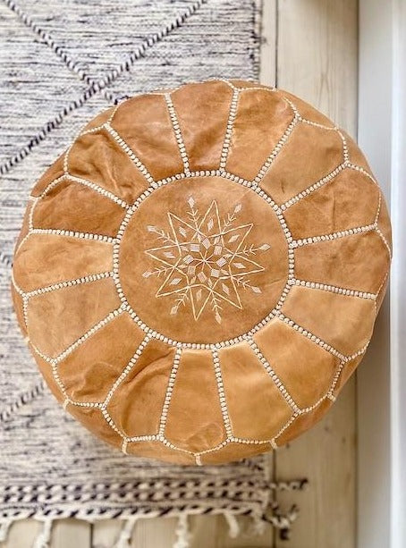 Ronde lederen poef camel