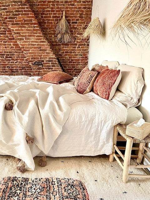 Plaid/deken wit met bruine pompoms